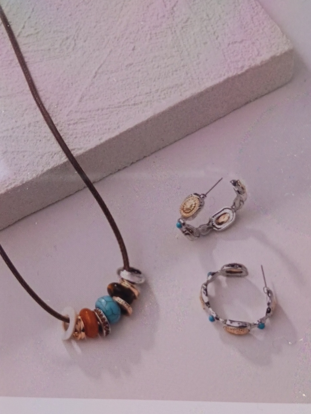 Boho Multi-Bead Turquoise and Brown Necklace and Hoop Earrings Set